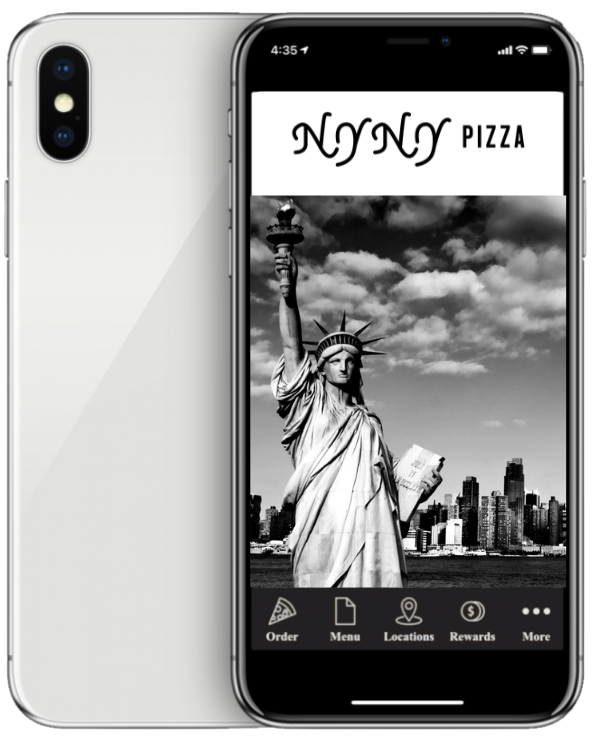 The image shows the NYNY Pizza app on a smartphone. It features the Statue of Liberty with the New York skyline and simple navigation buttons: Order, Menu, Locations, Rewards, and More.