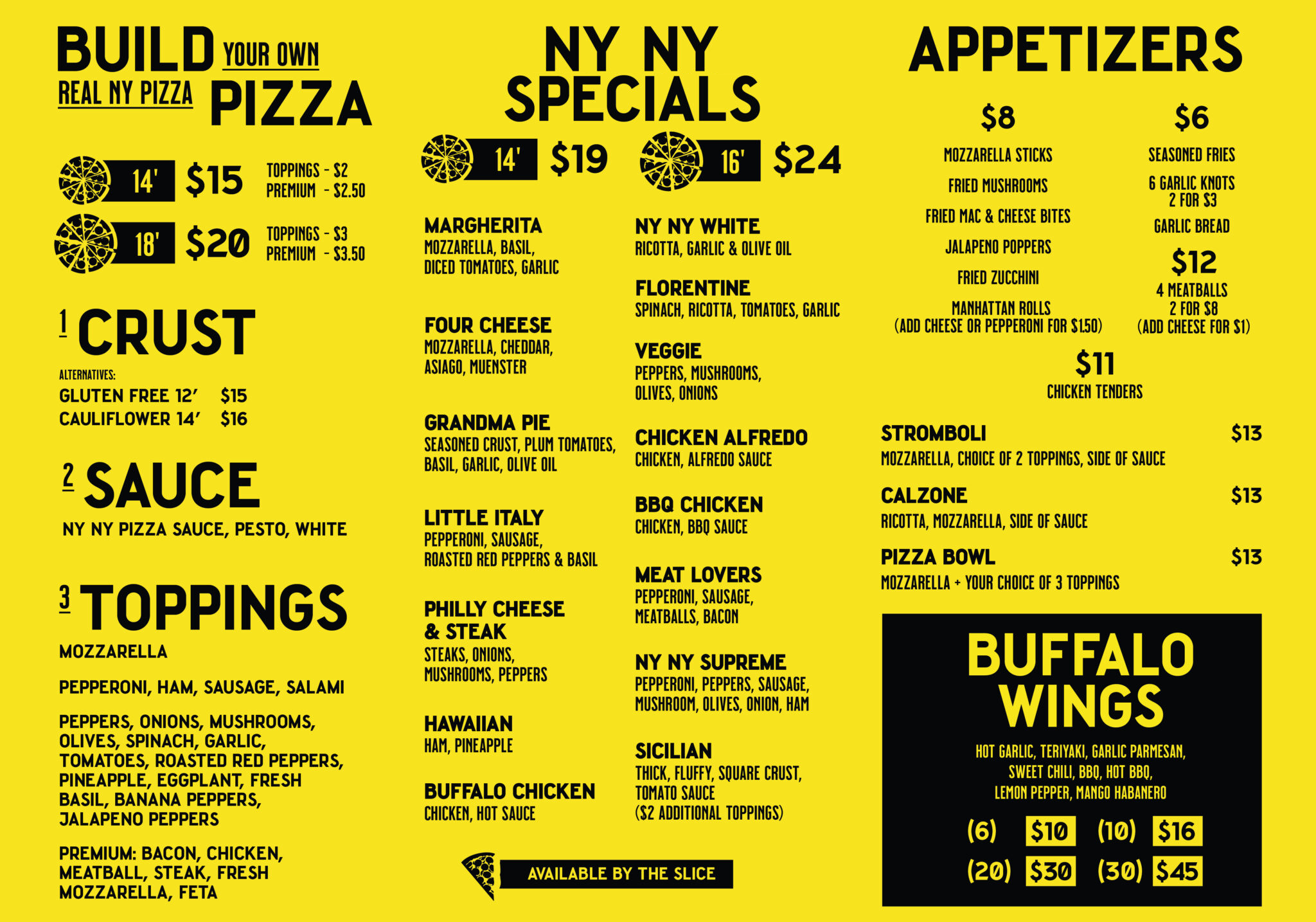 Yellow and black NY-style pizza menu with build-your-own options, specialty pizzas, appetizers, and buffalo wings with prices.