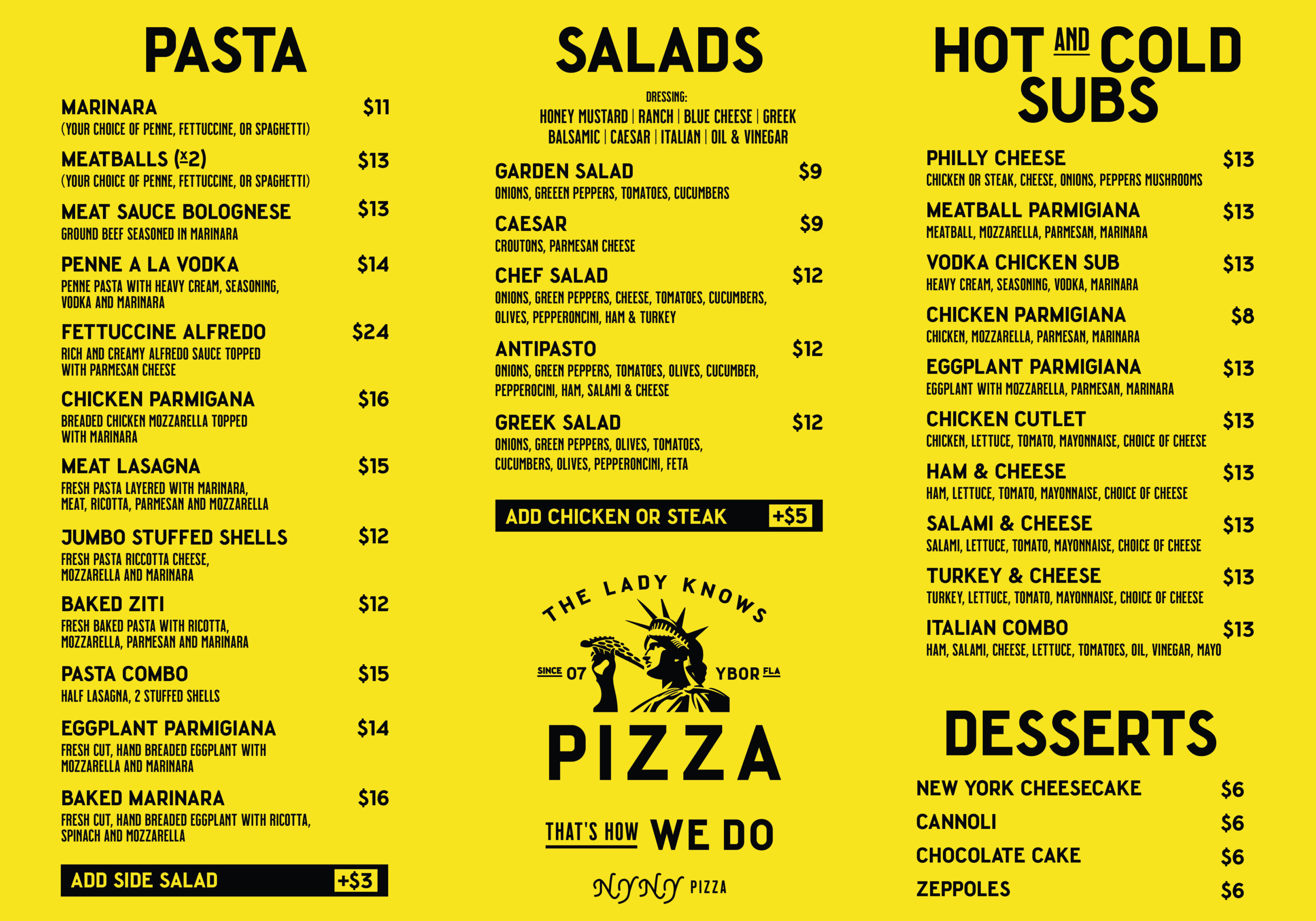 Yellow and black menu showing pasta, salads, hot and cold subs, and desserts with item names and prices from an NY-style pizza restaurant.